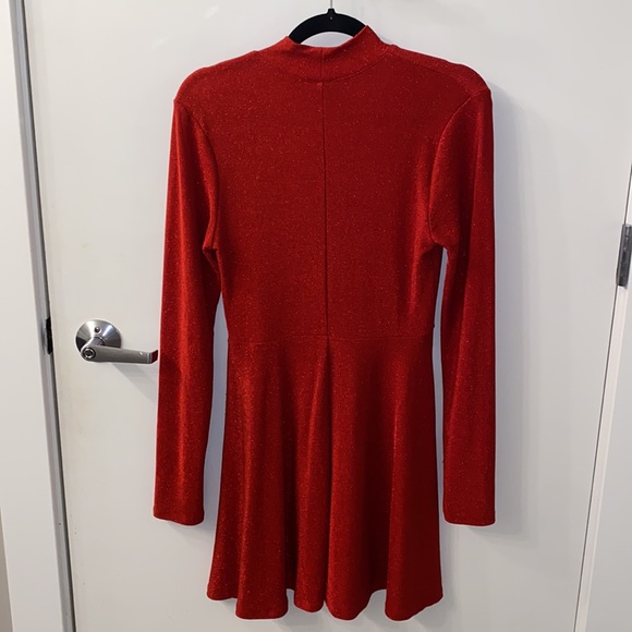Long Sleeve Red Sparkle Skater Dress With Spandex Stretch - Picture 4 of 5